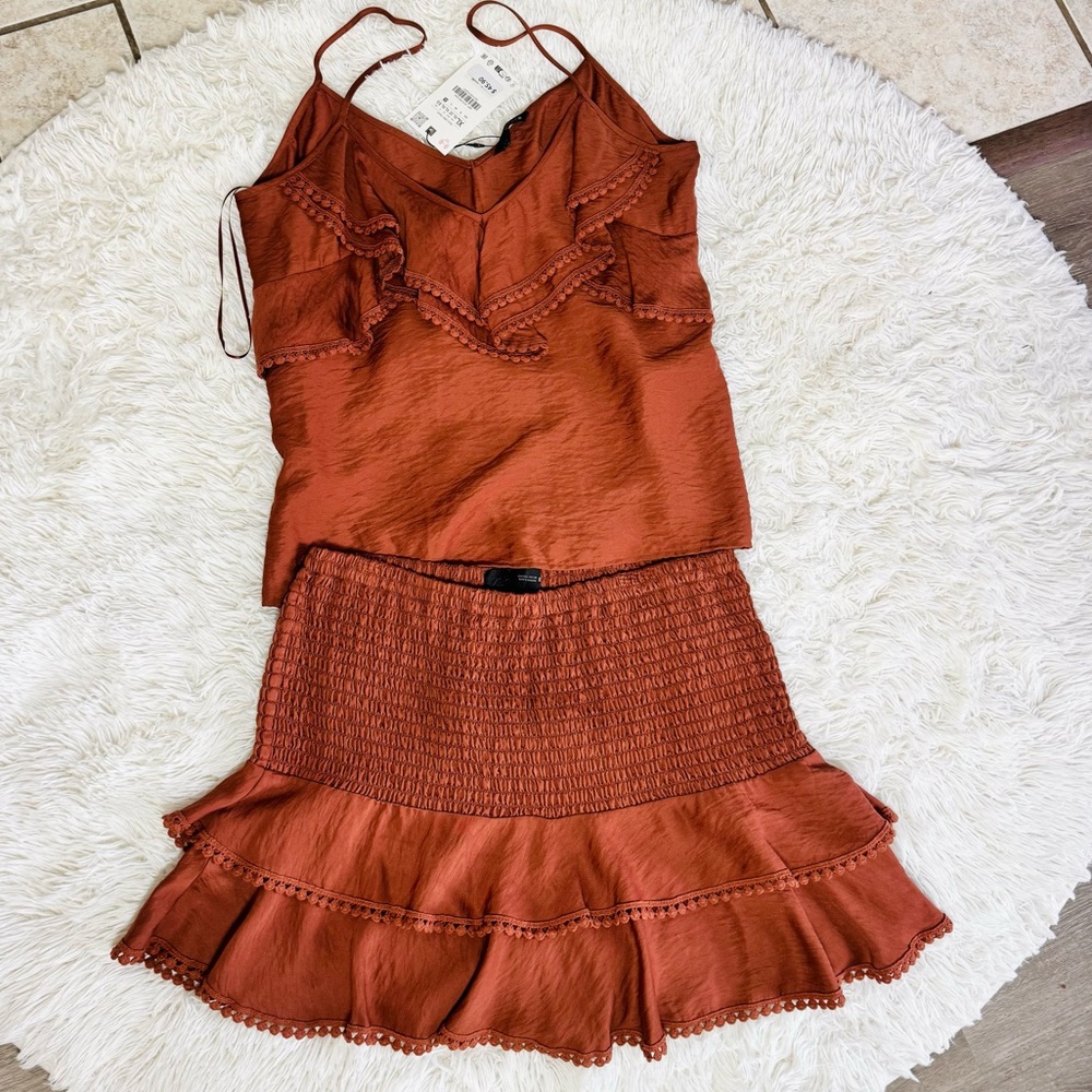 Zara Rust Terracotta Two Piece Set - Ruffle Cami & Smocked Mini Skort - NWT